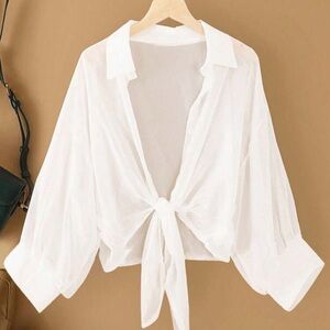 SHEIN White Button-Down Tie-Front Shirt